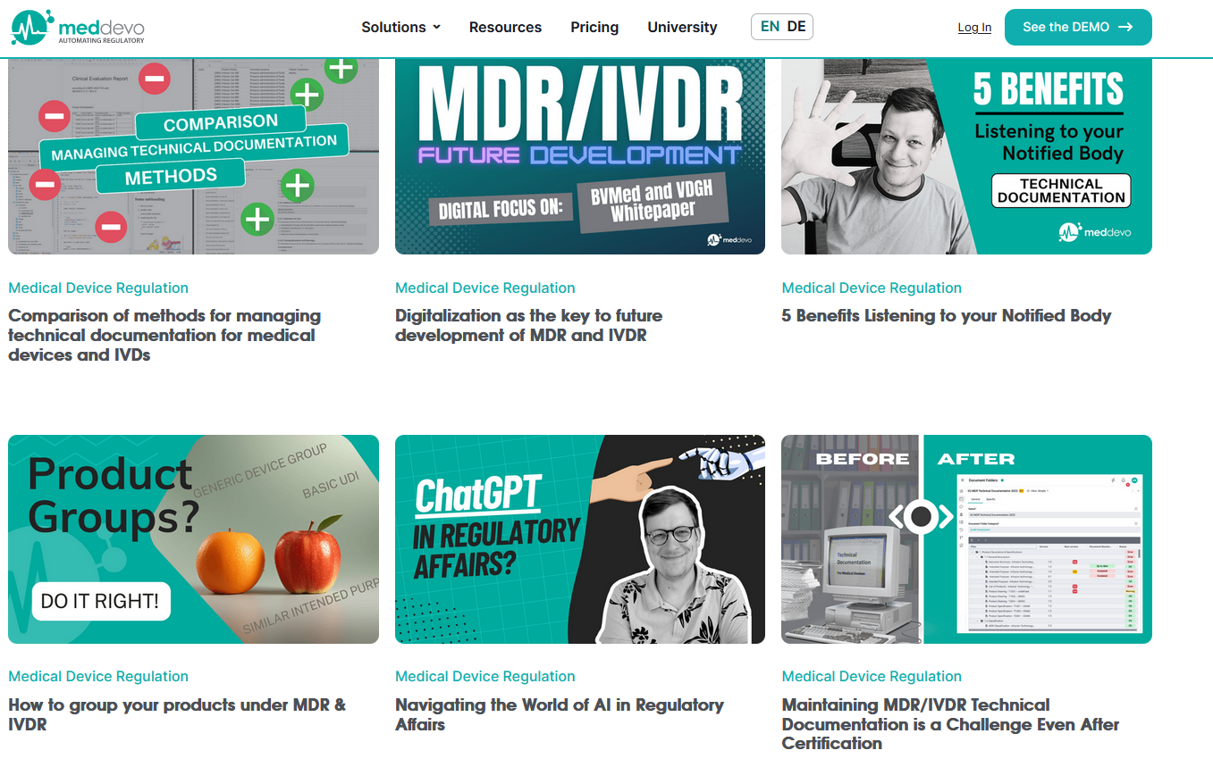 meddevo screenshot: Get free tips and whitepapers on regulatory affairs an technical documentation for medicl devices at https://www.meddevo.com/blog