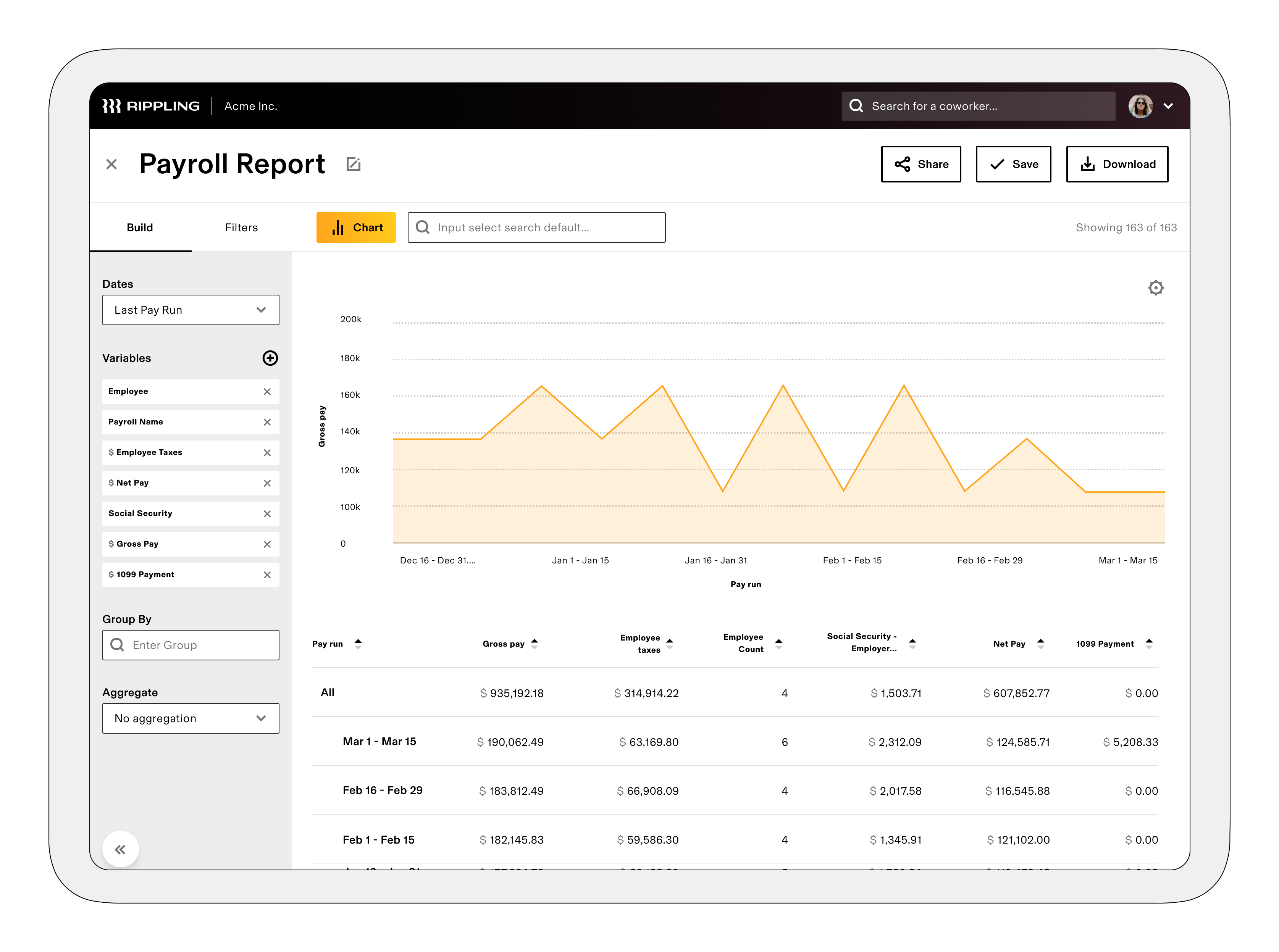 Rippling Software - Reports & Graphs: Easily create any report imaginable, and visualize them with custom graphs. You can track compensation changes, employee turnover, workforce diversity, and more.