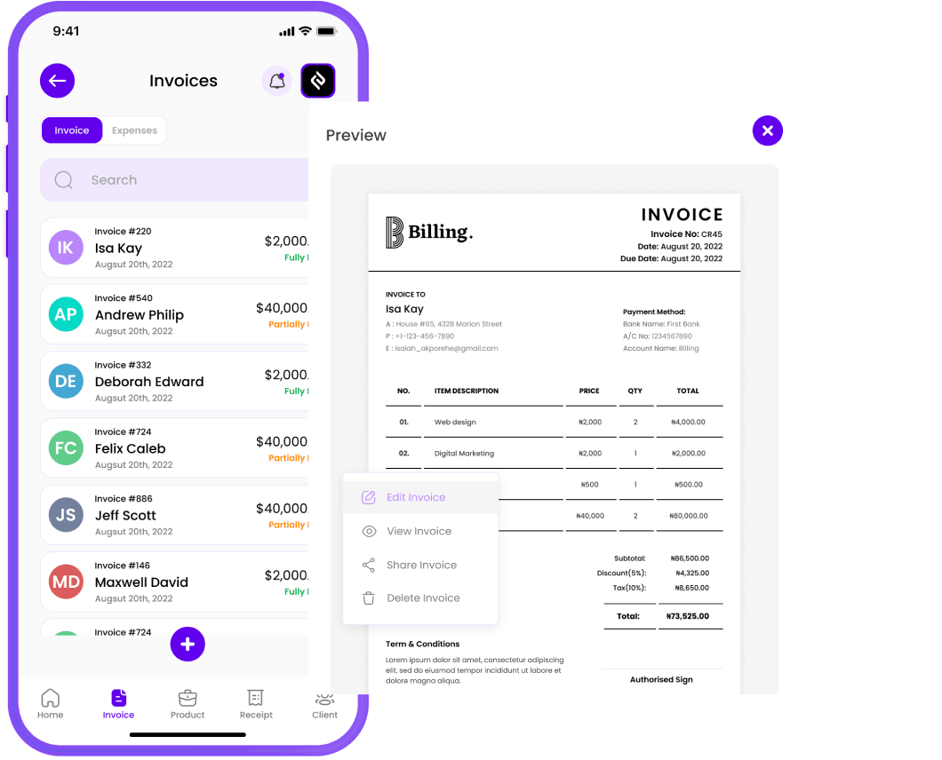 Billing Plus screenshot: Billing Plus invoice generation