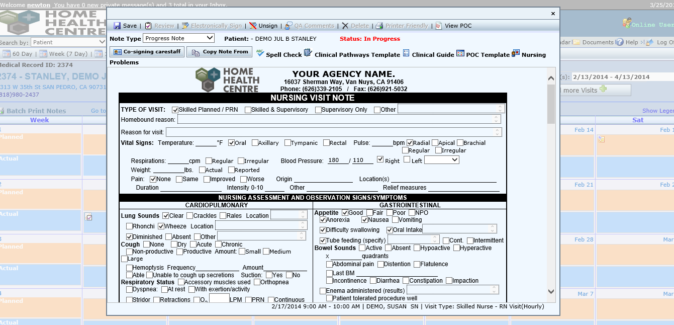 Home Health Centre Software - Customized visit notes