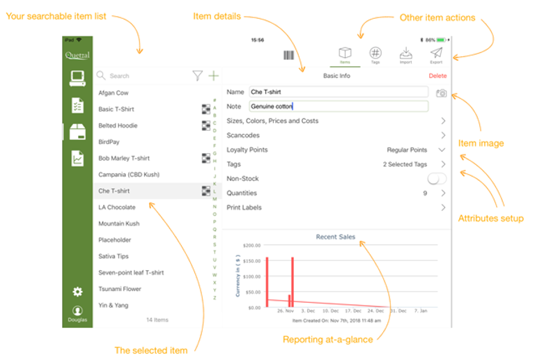 Quetzal POS screenshot: Observe how refined the layout is. The goal here is to give you confidence the moment you see it. You probably know how to use it without any formal instruction: mission accomplished! Here is the basic register screen that the clerks use every day.
