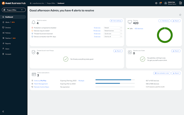 Avast Premium Business Security screenshot: Easily manage all your Avast Business security solutions from one streamlined dashboard