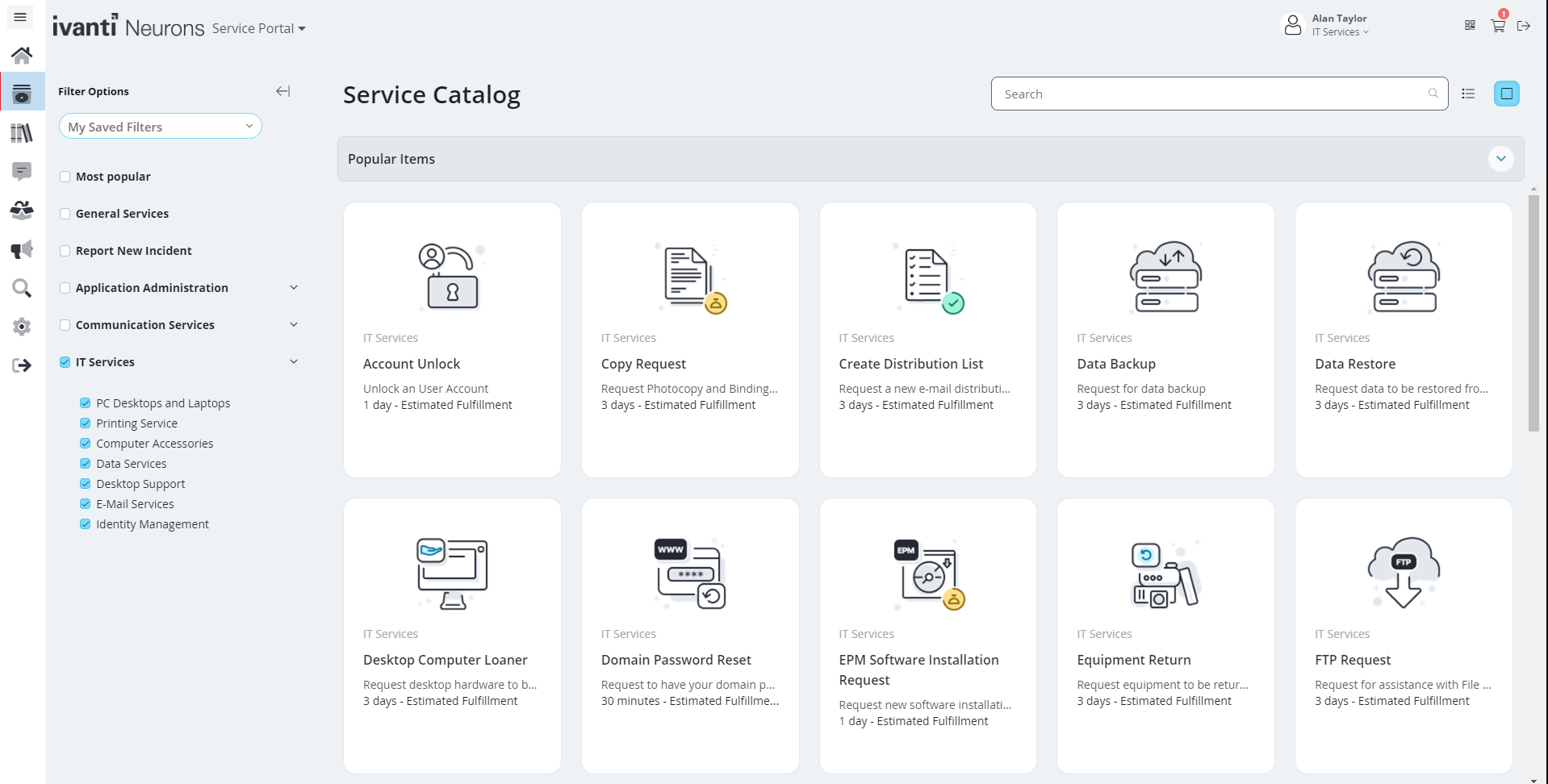 Ivanti Neurons for ITSM screenshot: Ivanti Neurons for ITSM Self Service Catalog