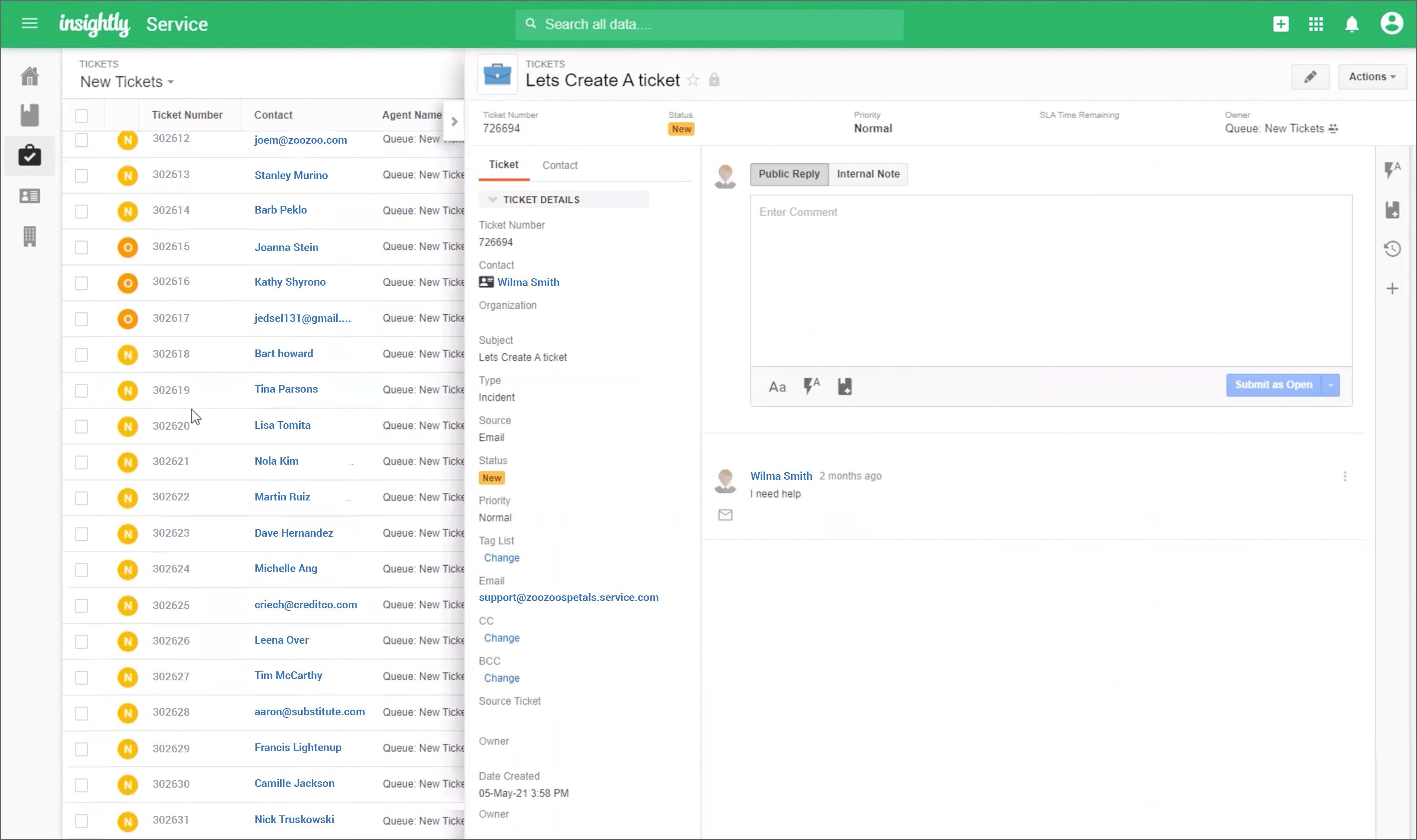 Insightly Service Software - Creating a ticket