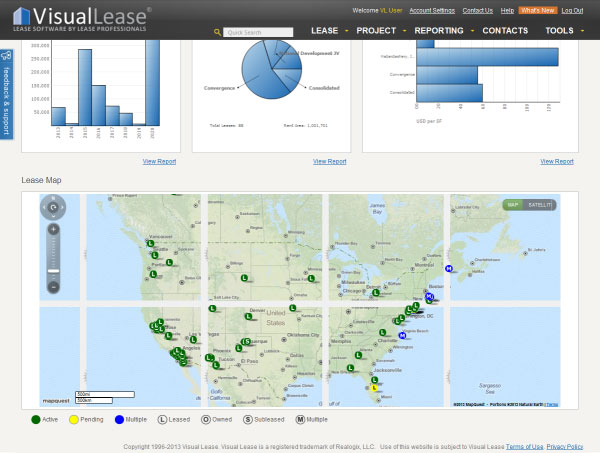 Visual Lease Software - Users can view a map of property locations in Visual Lease with color-coded icons for lease type and status
