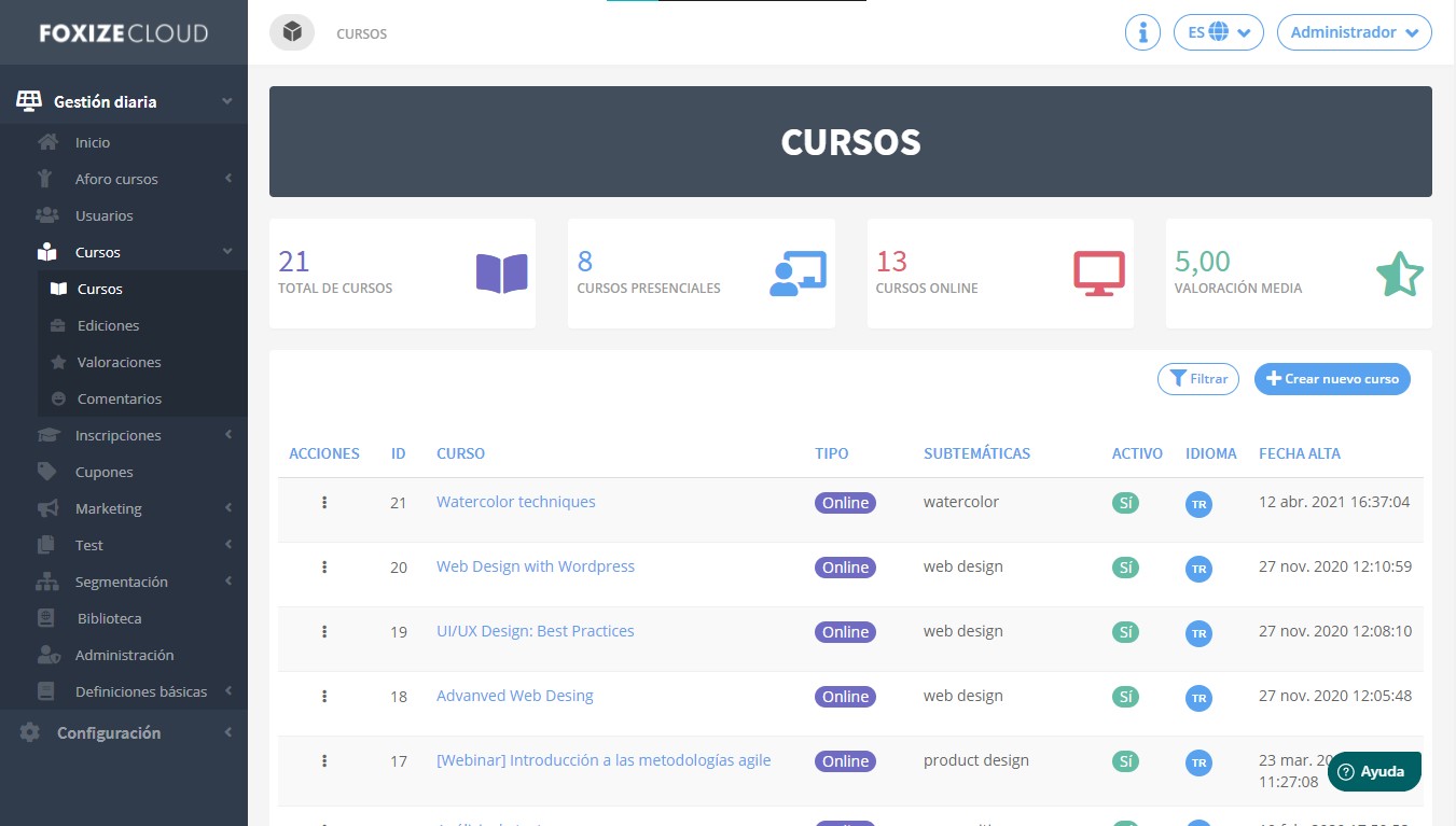 Foxize Cloud screenshot: Foxize Cloud courses