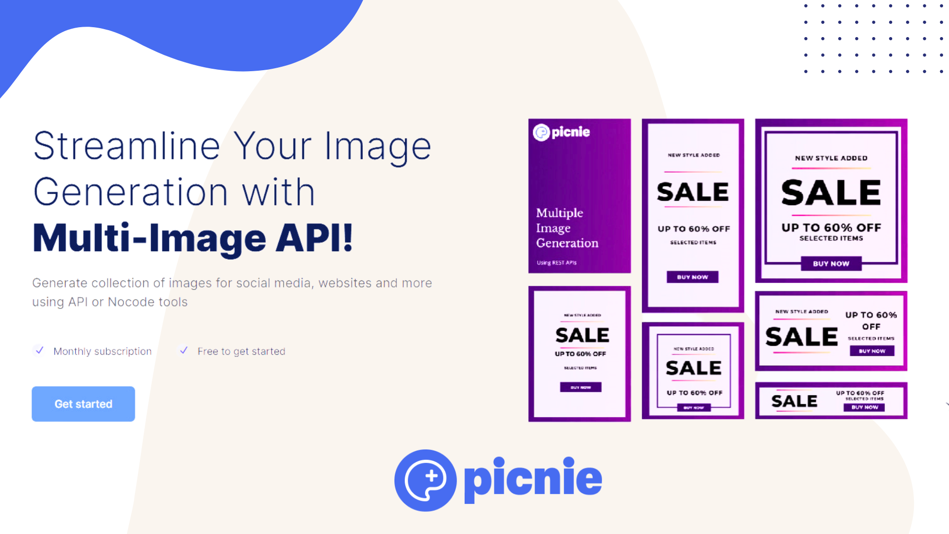 Generate collection of images for social media, websites and more using API or No-code tools.