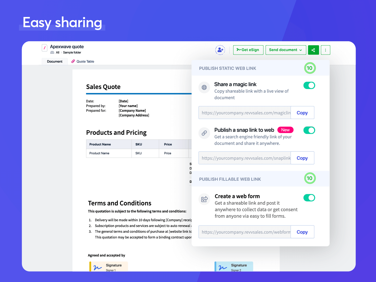 Revv Software - EASY SHARING - Multiple choices to share documents online via email, magic links (for live view of documents), snap links, and web forms.