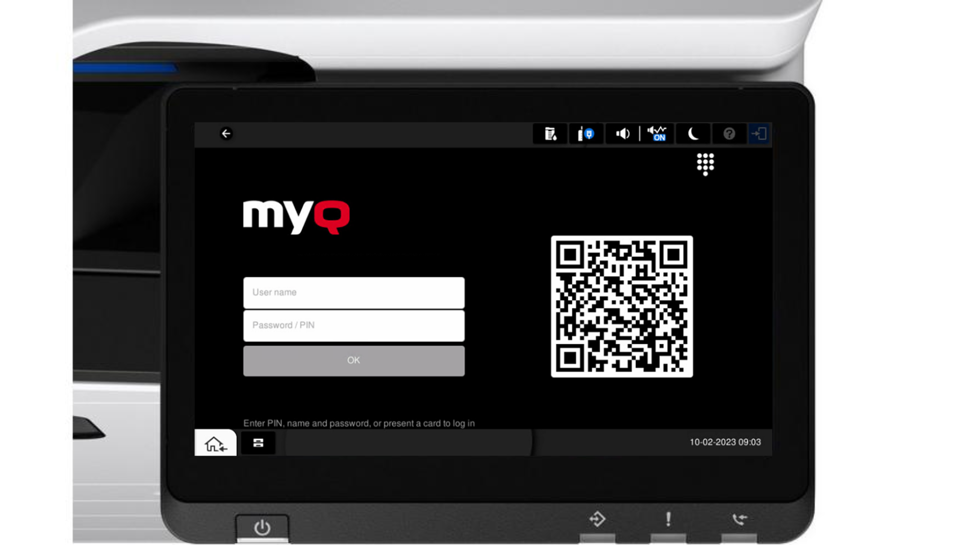 To log in, users can authentication with an ID card, PIN, username and password or via QR code with the MyQ X Mobile Client application (iOS and Android).