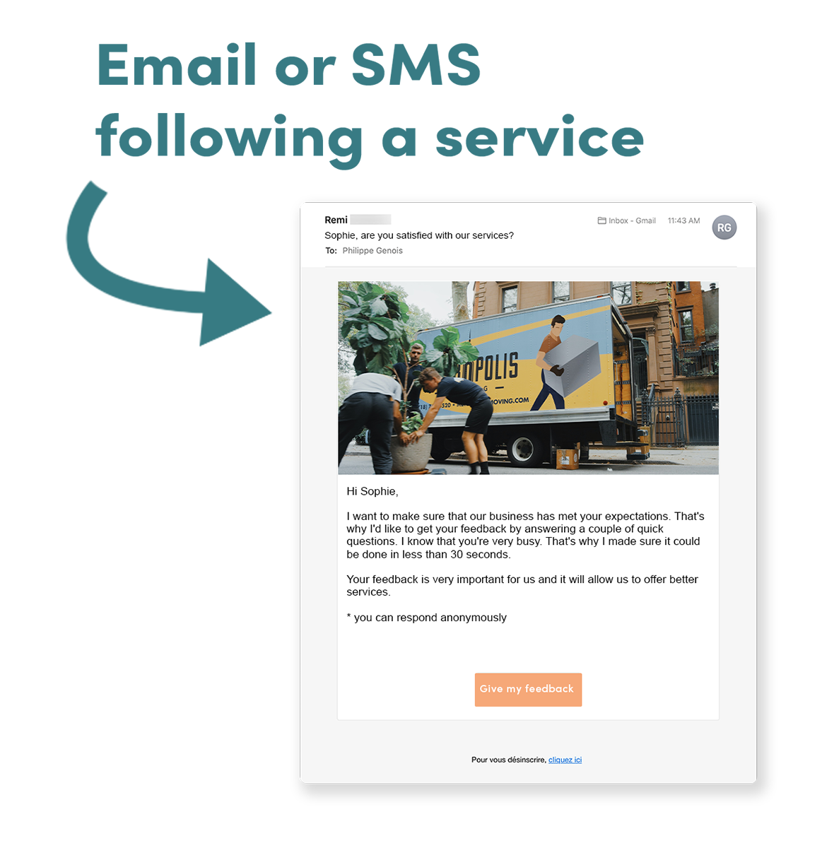 Send an automated email or SMS after each experience, at the moment of your choice.