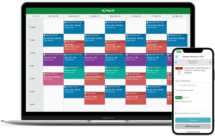 Pike13 screenshot: Schedule classes, courses, camps and appointments. Built-in waivers ensure that no signatures are missed. Customizable fields allow you to capture the client information you want. Reminders and notifications improve attendance and retention rates. 