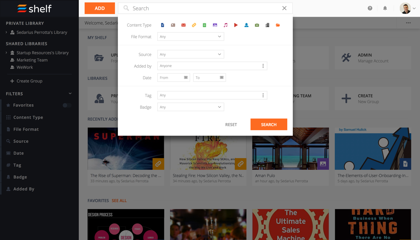 Shelf Software - Browse by using over 8 different filters, including; tags, dates, document type, added by and source
