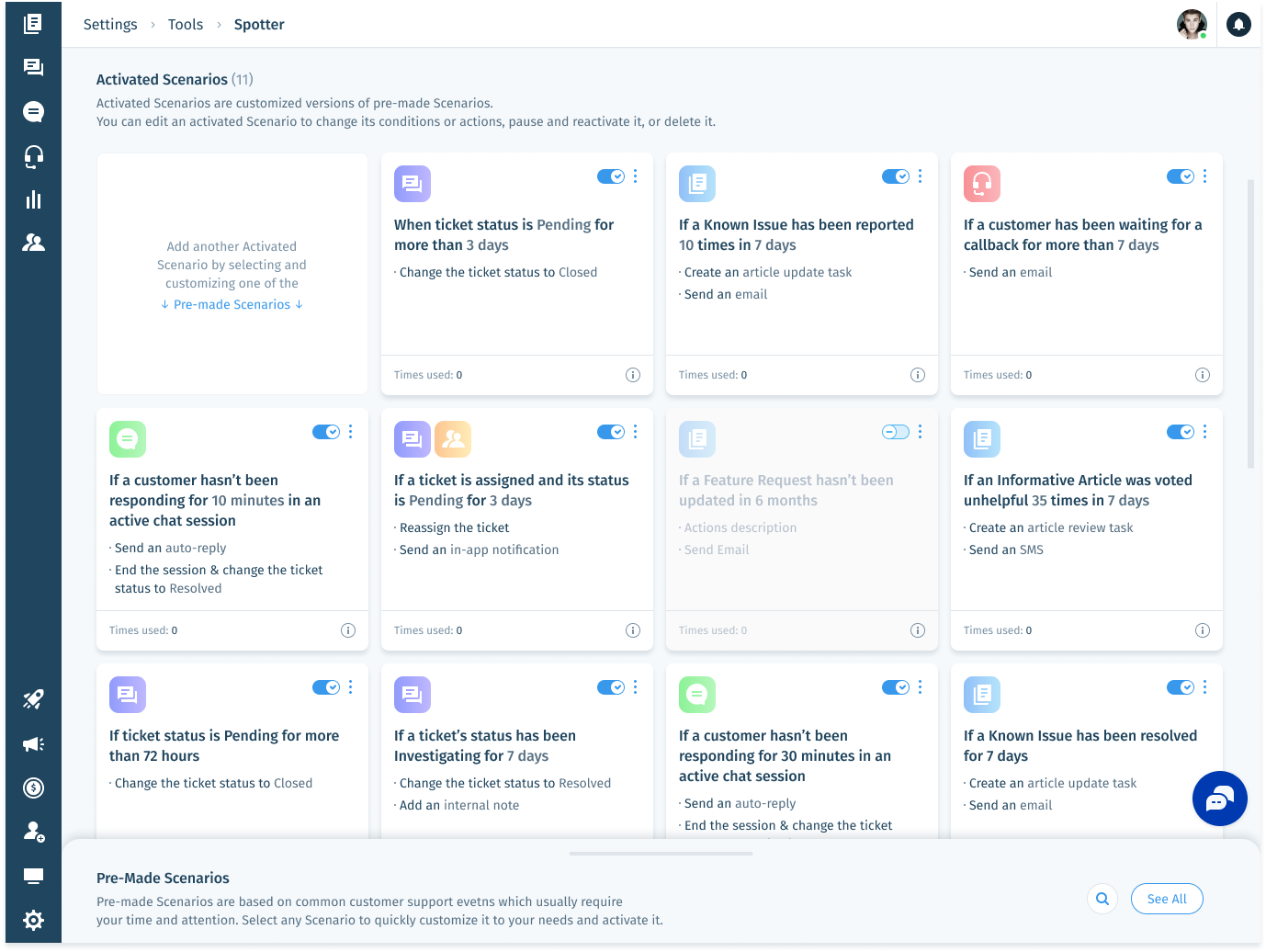 Use Spotter to automate the tedious tasks that need to be done when common support scenarios occur. Spotter tracks real-time events across your entire support platform, then performs specified actions.