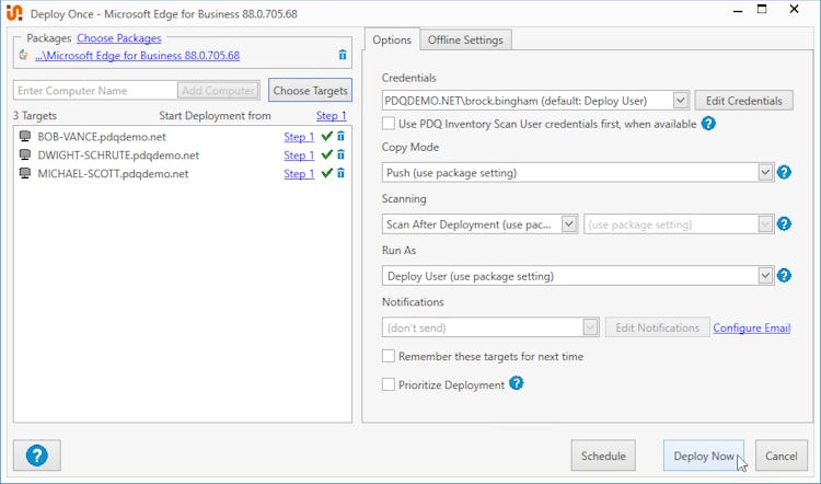 PDQ Deploy screenshot: With a deployment schedule created, the devices in the targeted collection will continue to receive the newest version on Edge once it’s released and approved automatically. Or manually start a deployment whenever you need.