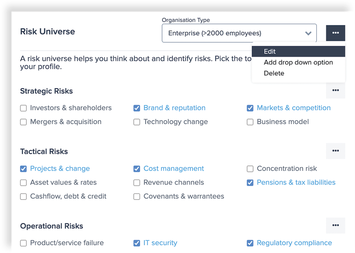 Editable Risk Universe - Create and maintain a standardised and relevant risk taxonomy for the faster creation of comprehensive risk profiles.