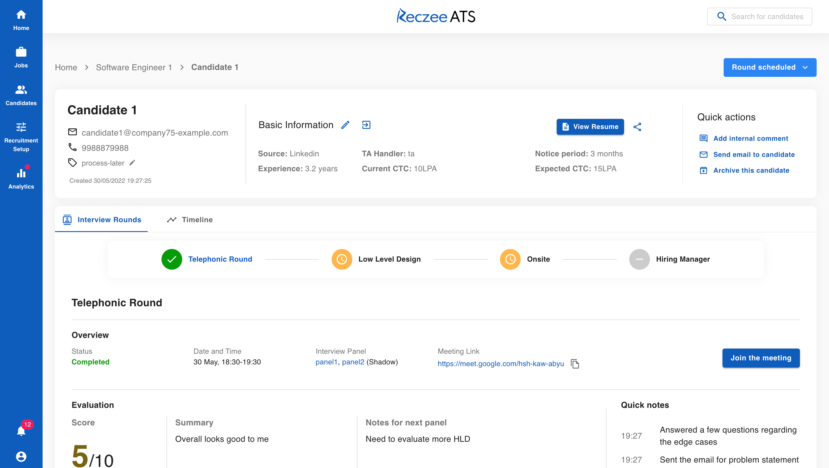 Reczee screenshot: A 360° view of the application with every activity tracked in a single place across all the stakeholders.
