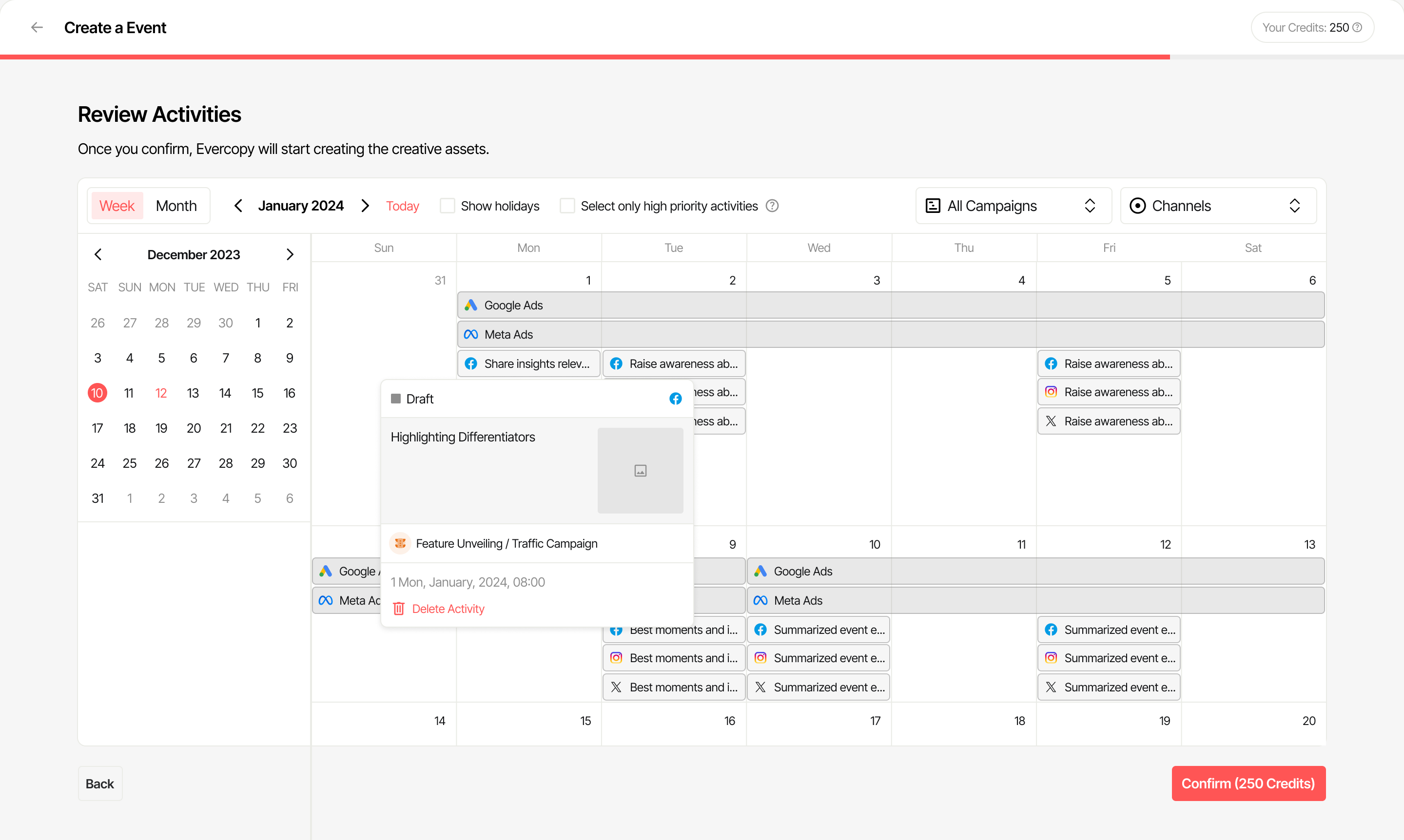 Evercopy Software - AI Marketing Activity Planner Showing All The Activities Under A Campaign