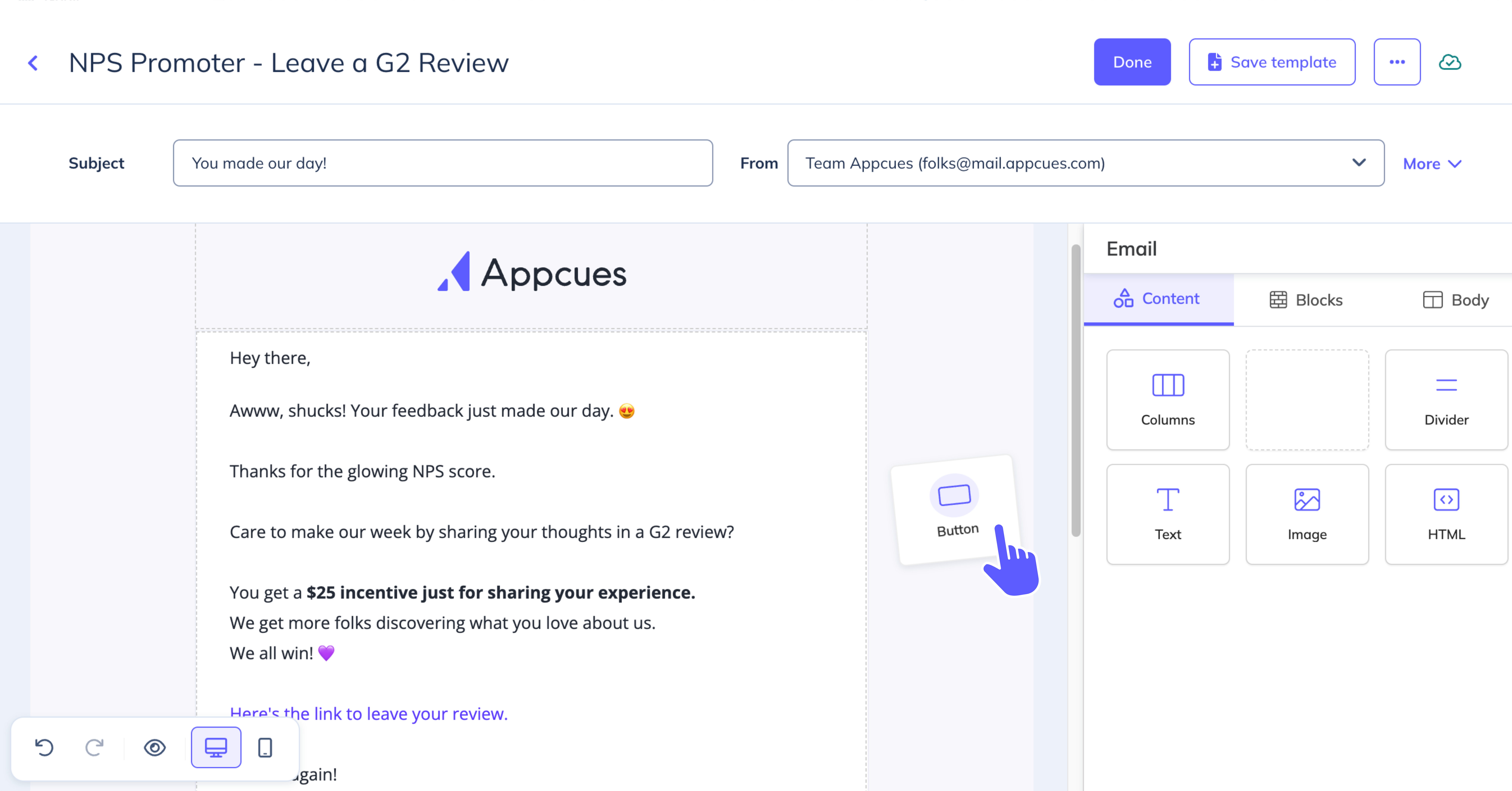 Appcues Software - Send emails that feel personal and perfectly timed with our easy, intuitive builder. Automatically deliver messages that respond to user actions—from warm welcomes to timely nudges and re-engagement.