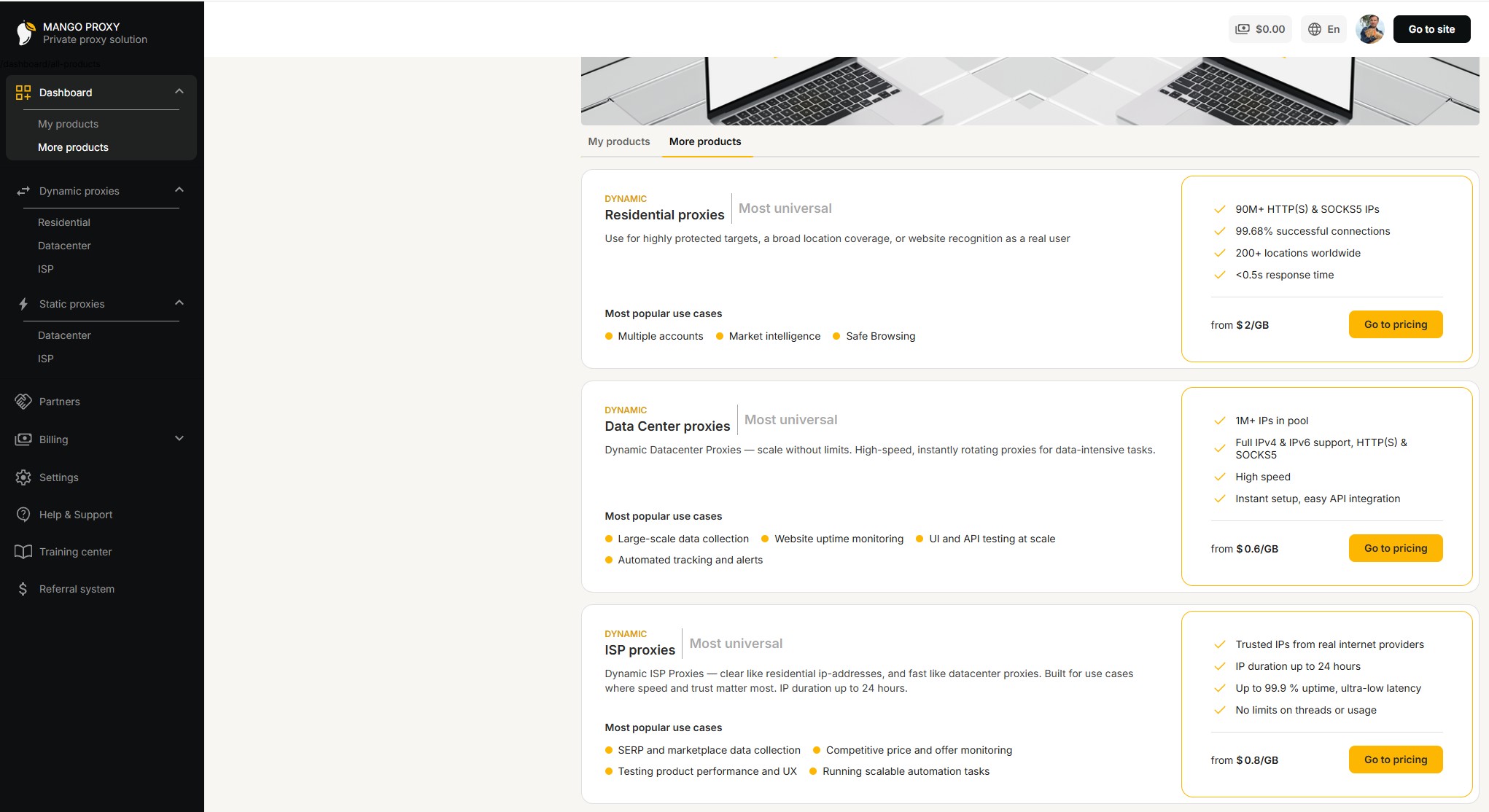 Mango Proxy screenshot: Mango Proxy
convenient pricing catalog