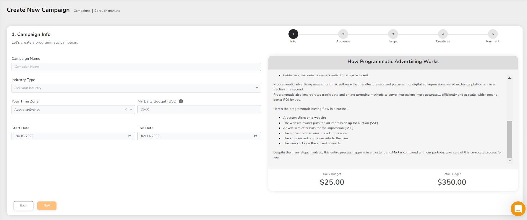 Mortar screenshot: Create your own programmatic digital media campaigns targeted at the ideal audience with no wastage. No agencies, no set-up fees, no more wasting money on ineffective campaigns.