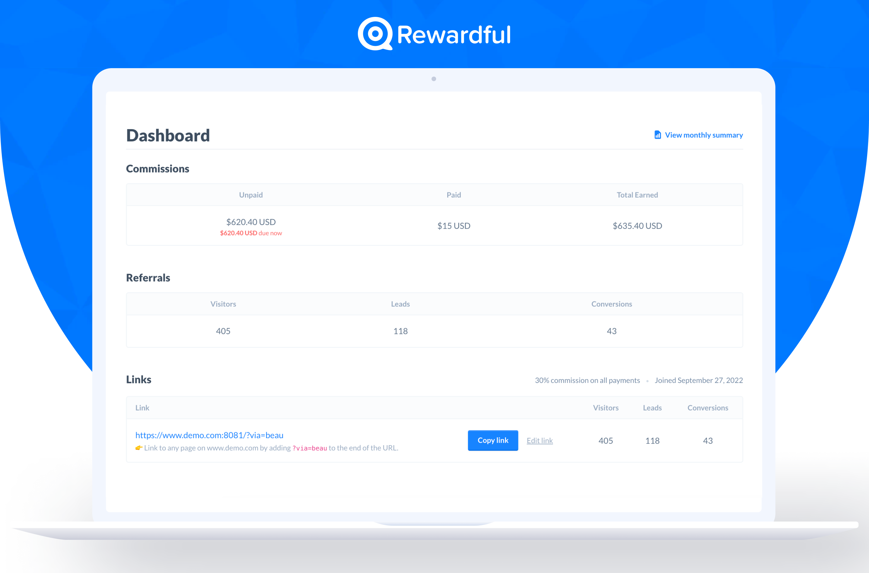 Rewardful Software - Affiliate Dashboard: Provide your affiliates with a dashboard to view their performance, and manage their affiliate links.