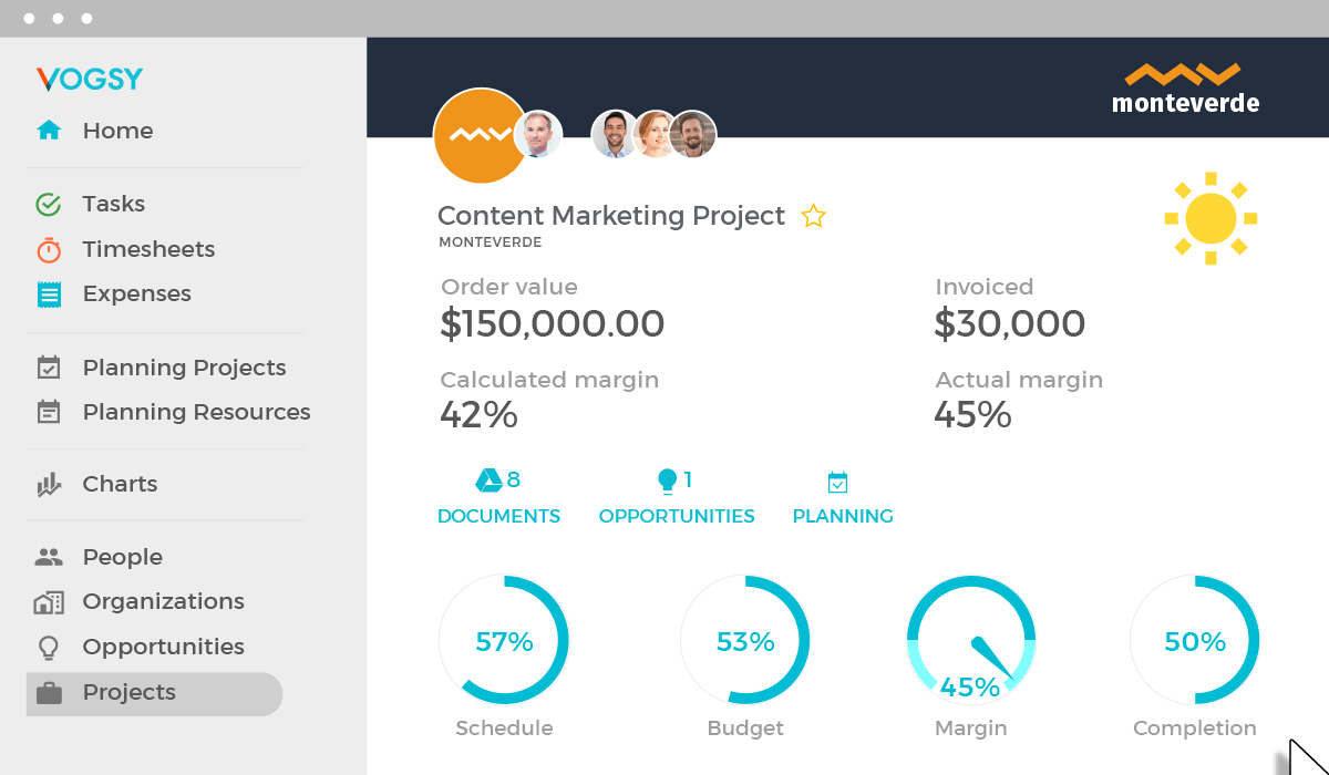 Project Management: Track the progress of projects with automatic schedule, budget and margin data provided in real time