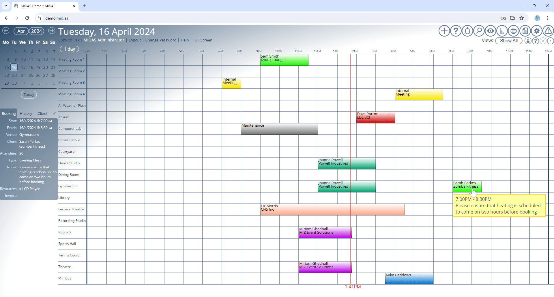 MIDAS screenshot: MIDAS booking grid