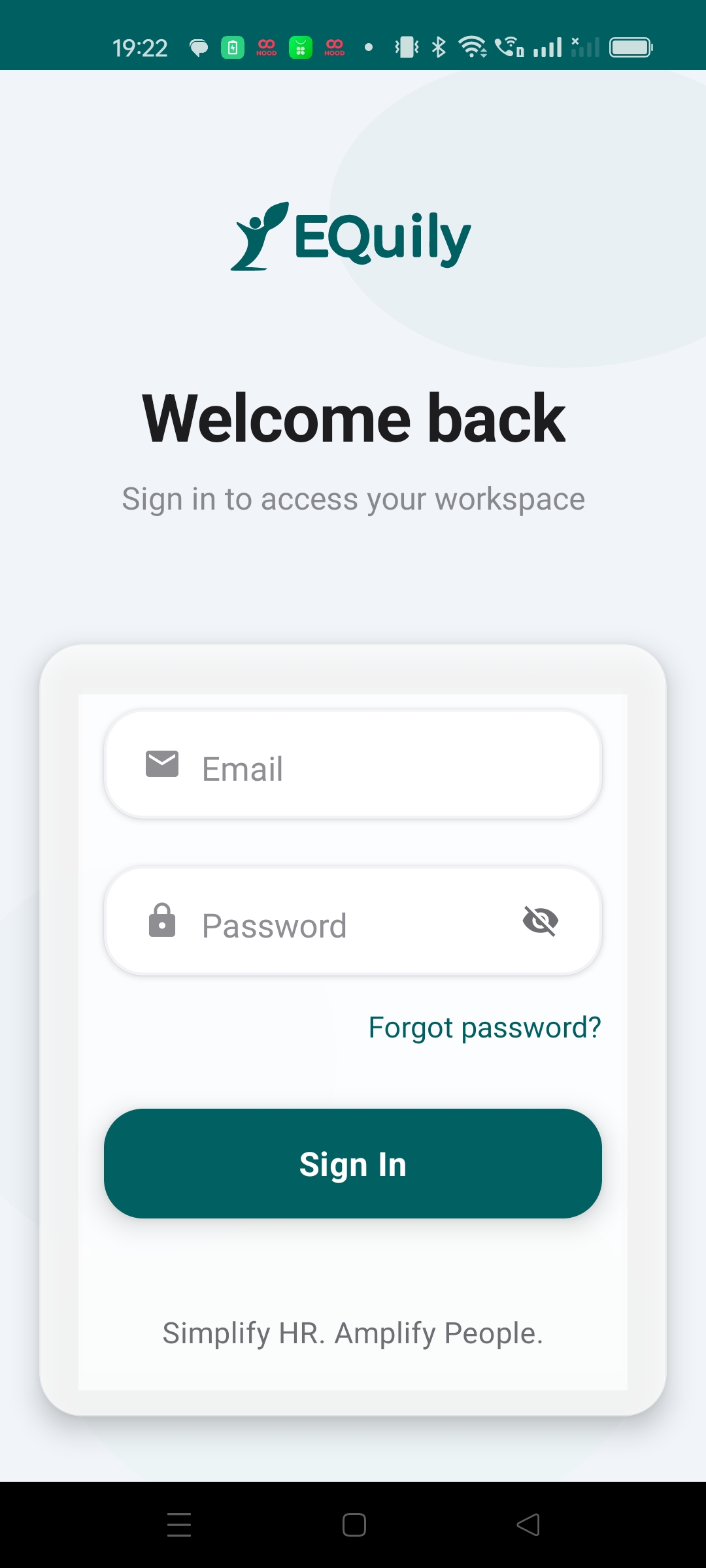 Equily screenshot: Login Screen