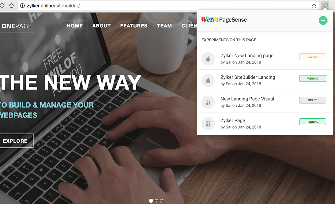 Zoho PageSense provides a Chrome extension to experiment with various pages