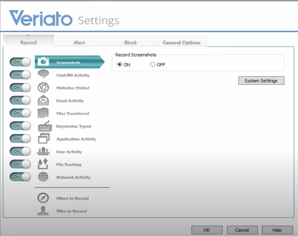 Veriato Investigator settings