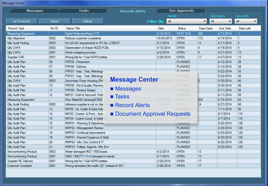 IMSXpress ISO 9001 message center screenshot