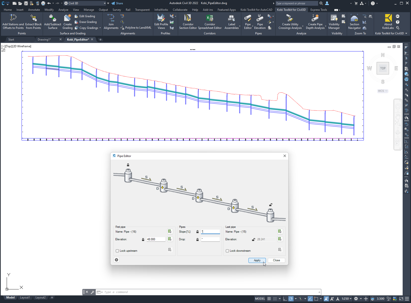 Kobi Toolkit for Civil 3D - Pipe editor. This tool enables you to edit multiple pipes. Use the intuitive user interface to define how pipes should behave and apply changes to the whole pipe set.