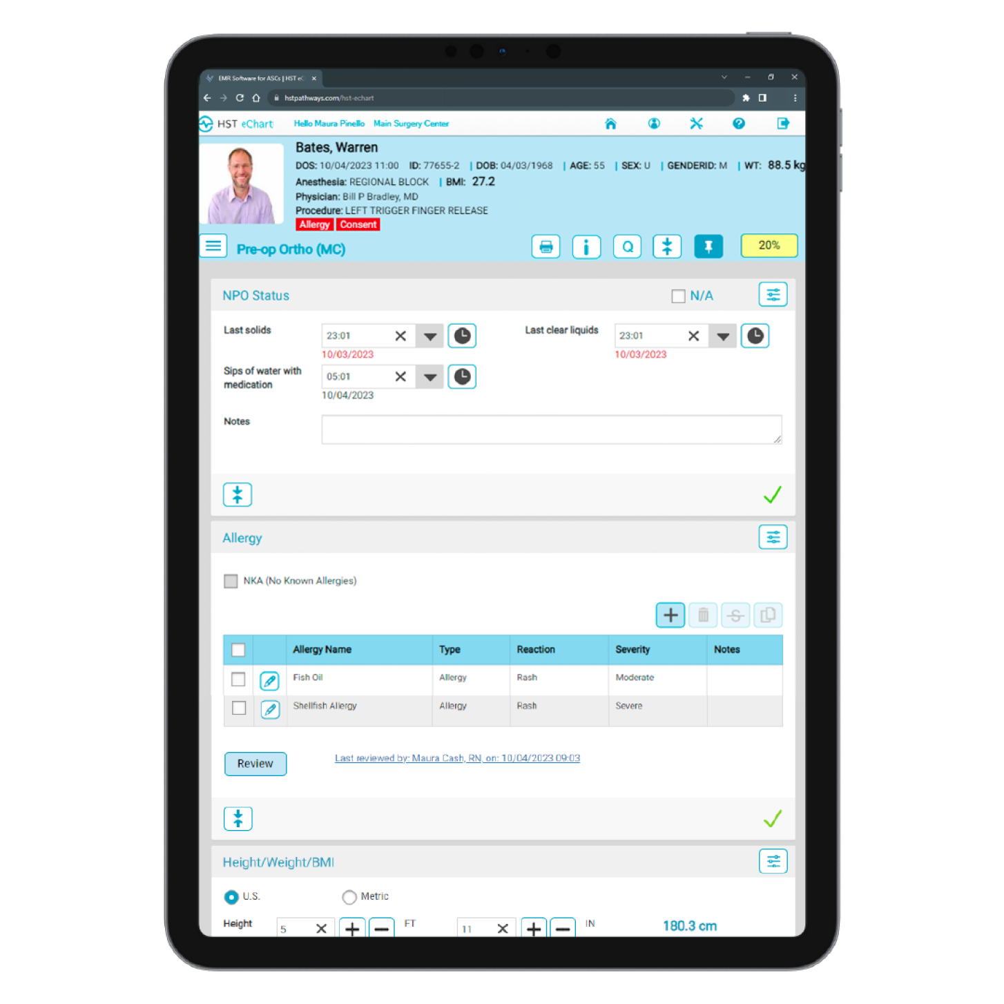 HST Pathways screenshot: HST's EMR - Pre-Op - Tablet