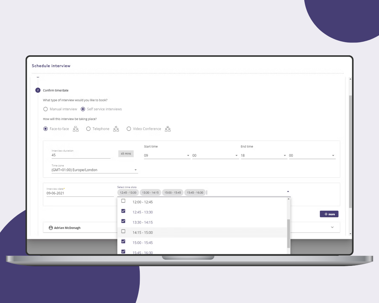 hireful Software - Self-service interviews: select potential interview slots for the candidate to select.