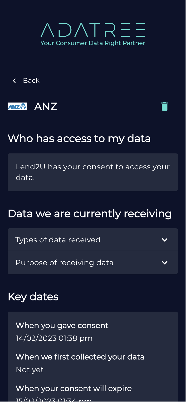 The final consent dashboard that shows which data points the consumer has consented to sharing.
