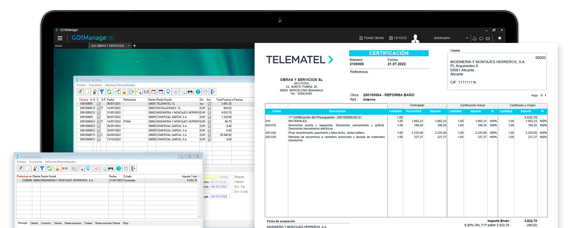 GO!Manage Software - Facturación precisa. Prevé los importes a facturar de las obras según las mediciones de avance, y elabora las prefacturas con el ERP. Factura en masa todos los trabajos de administración finalizados y aprobados por el cliente.