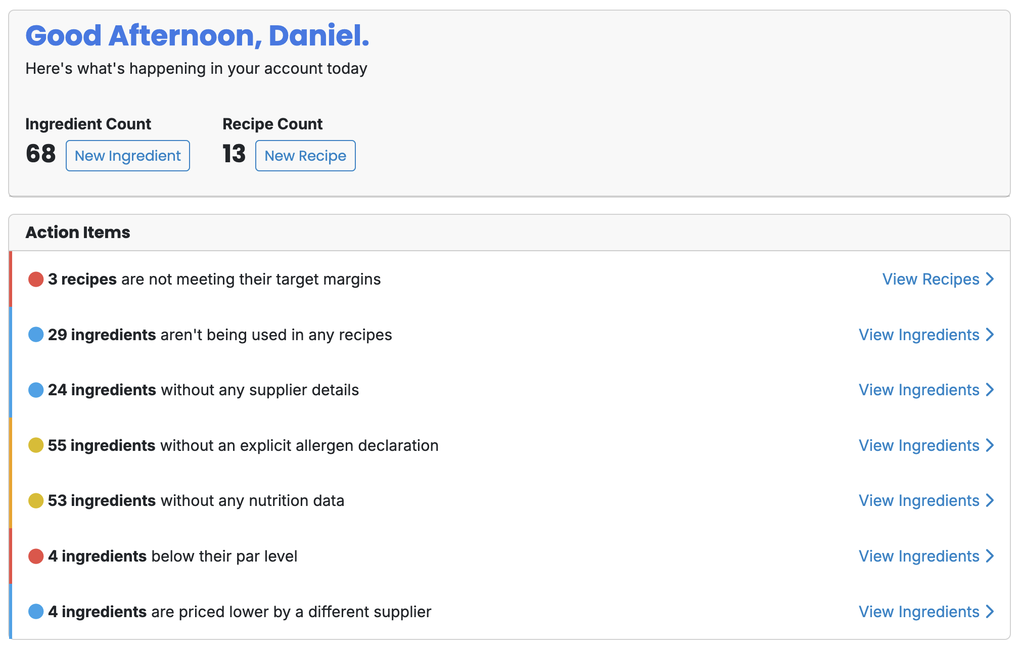 Recipe Cost Calculator screenshot: Stop hunting for problems. The Action Items dashboard proactively alerts you to margin issues, low inventory, missing allergen data, and suppliers with better pricing - all in one glance.