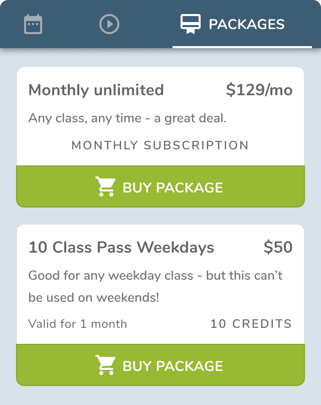 Offer deals & packages: subscriptions, with automatic billing (weekly, monthly, or yearly). Class passes with Ubindi faithfully keeping track of everyone's passes and credits, saving you tons of time.