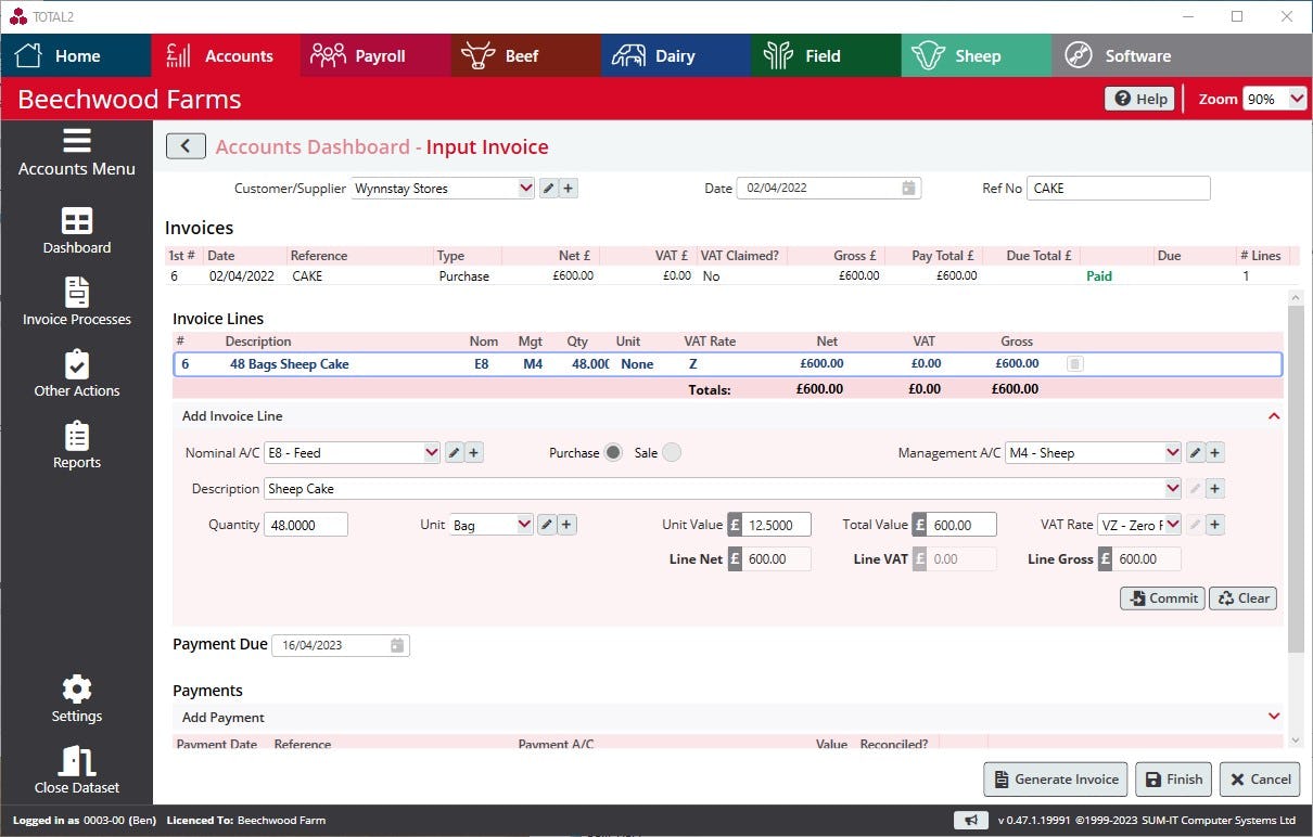 SUM-IT Total Software - Input invoices with ease and instantly view costs of each enterprise and piece of machinery.