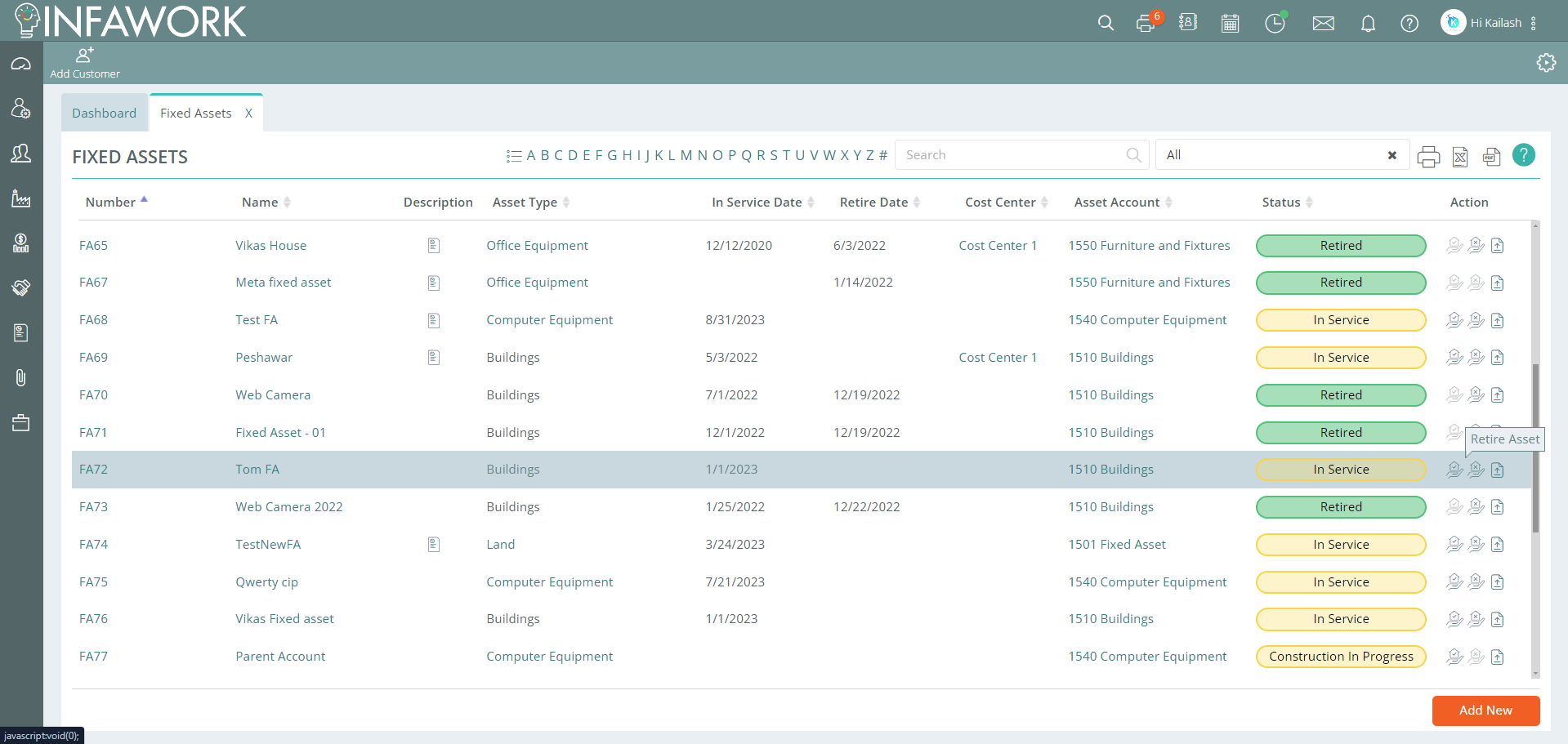 INFAWORK Software - INFAWORK's Fixed Asset Management lets you set depreciation methods, track asset lifecycle, and easily place assets into service or retire them. Streamline asset management with tools designed for accuracy and efficiency.