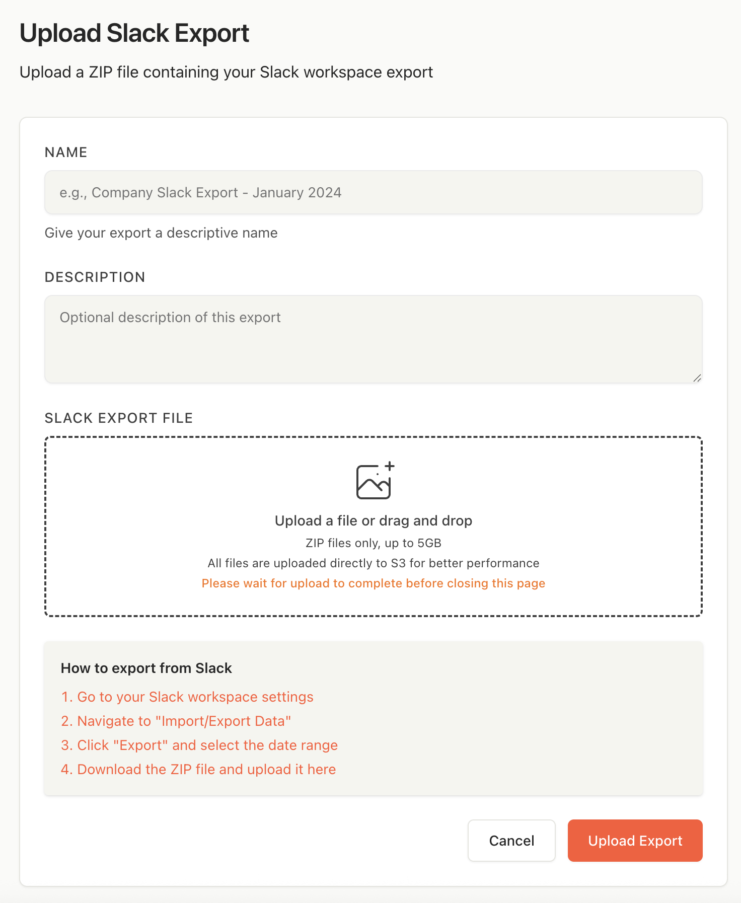 ViewExport screenshot: ViewExport Slack archive upload