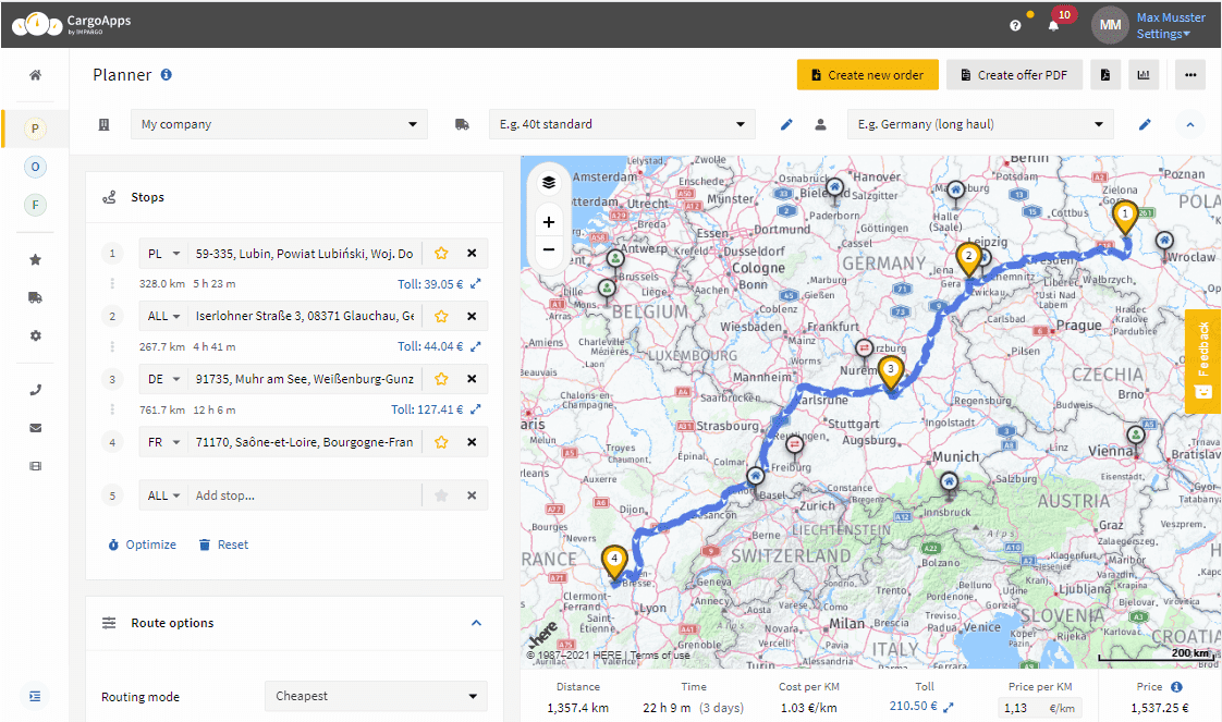 Route planner for Europe with freight cost and toll calculator