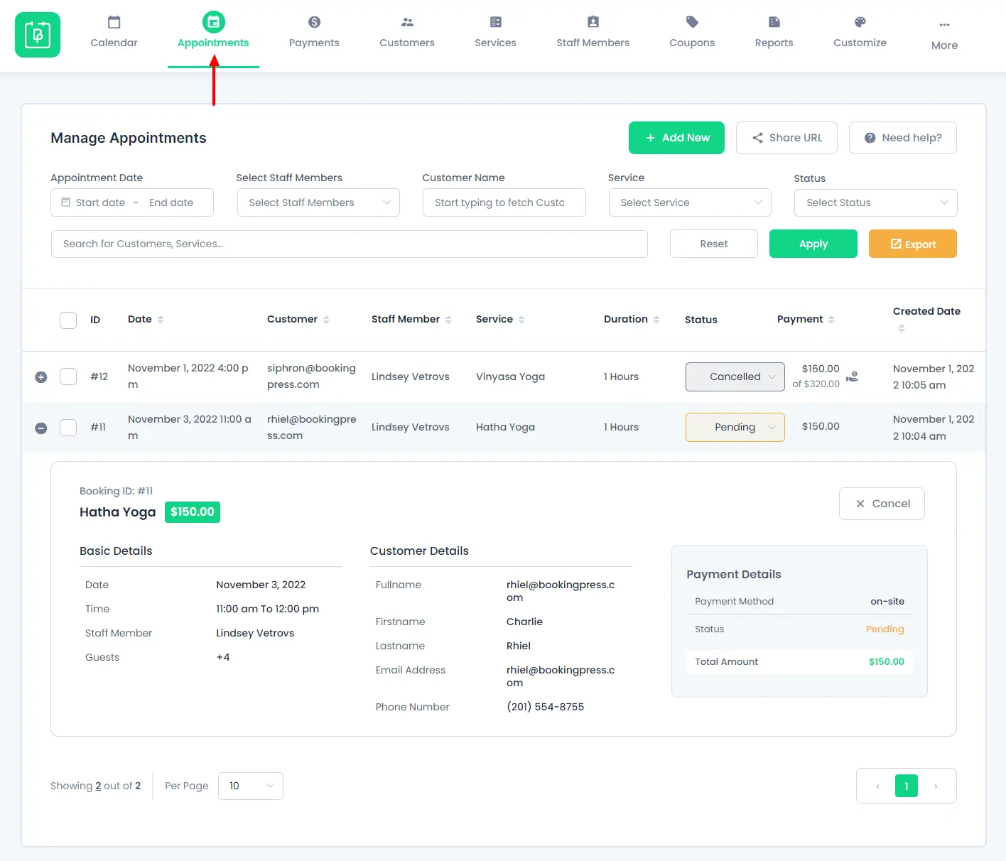 BookingPress screenshot: Managing appointments
