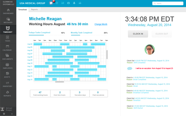 GlaceEMR screenshot: GlaceEMR timesheet