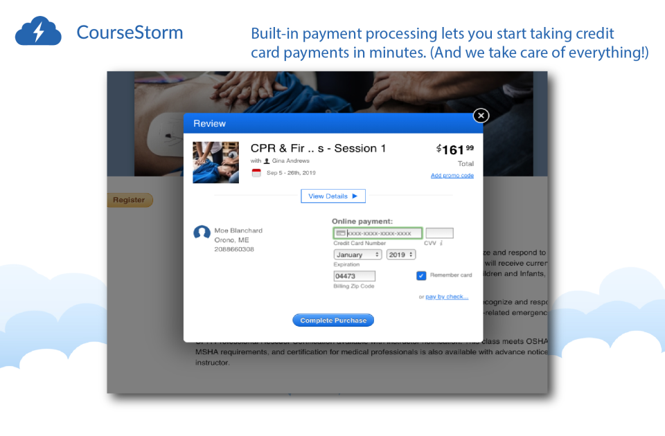 Built-in payment processing lets you start taking credit card payments in minutes. (And we take care of everything!)-thumb
