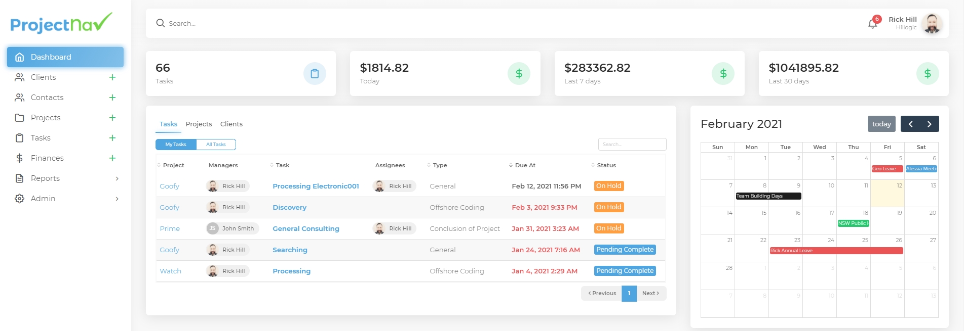 ProjectNav screenshot: Dashboard displaying the logged in users tasks, organisation calendar and finance widgets