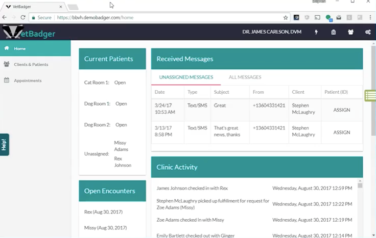 VetBadger  screenshot: Track clinic activity and received messages from the VetBadger homepage