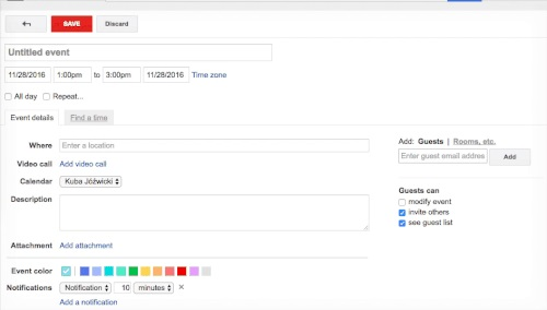 Add a time and location to a new event