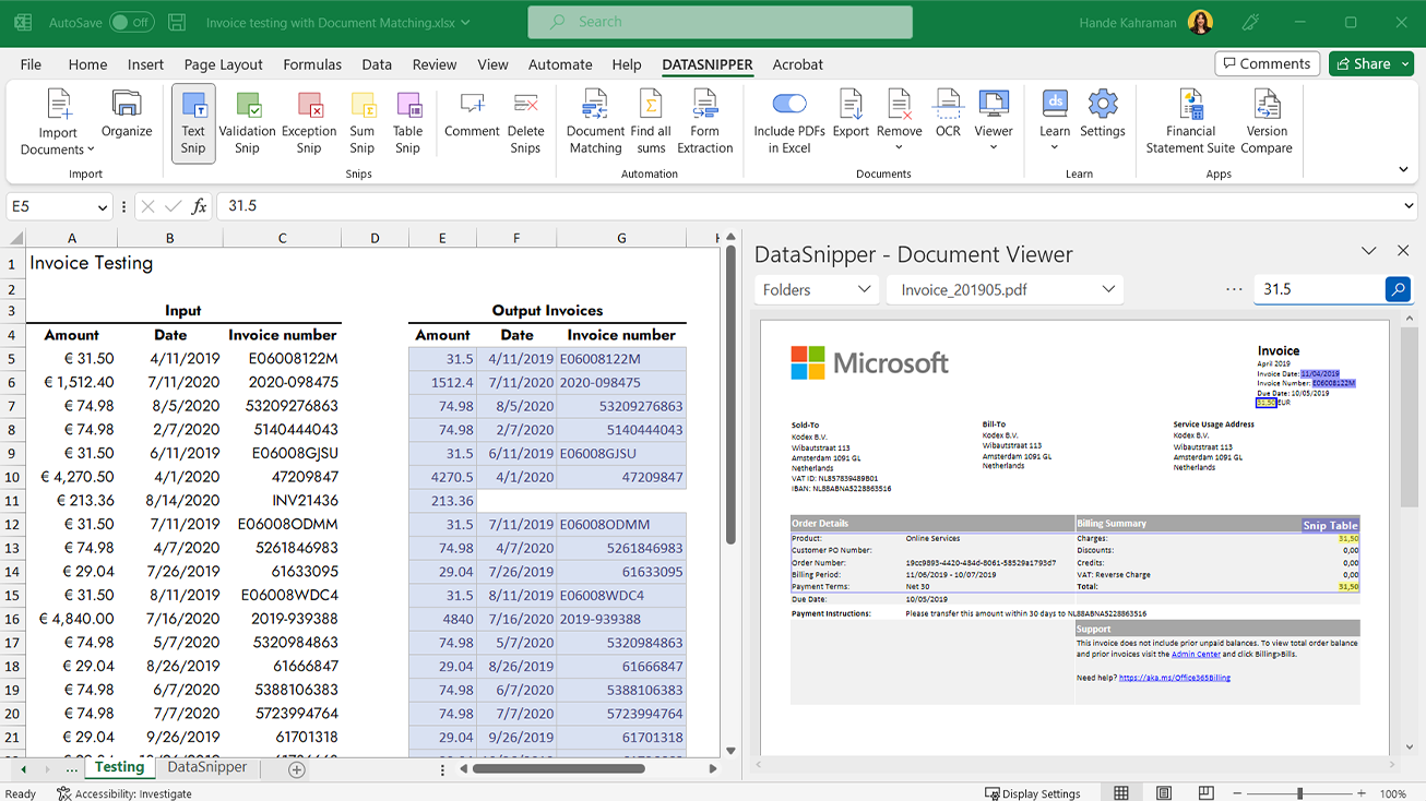 With DataSnipper you can cross-reference Excel with supporting evidence, such as PDFs, images, MS Word, and Excel files. The referenced files are stored in the workbook, allowing for a simple and efficient review of audit procedures.