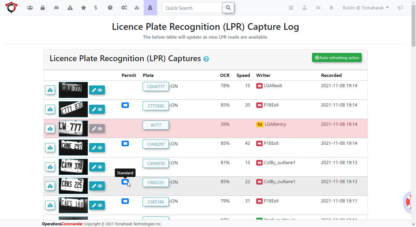 OperationsCommander Software - Admin portal LPR capture log